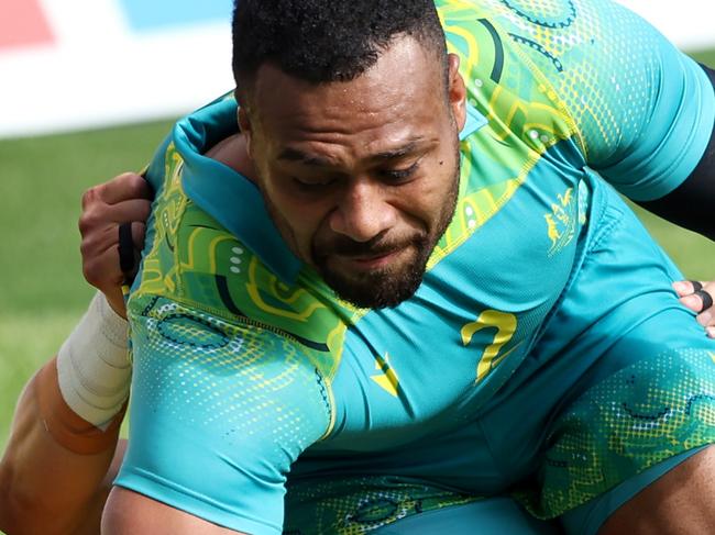 COVENTRY, ENGLAND - JULY 29: Samu Kerevi of Team Australia scores a try during the Men's Rugby Sevens Pool D match between Team Australia and Team Jamaica on day one of the Birmingham 2022 Commonwealth Games at Coventry Stadium on July 29, 2022 on the Coventry, England. (Photo by Matthew Lewis/Getty Images)