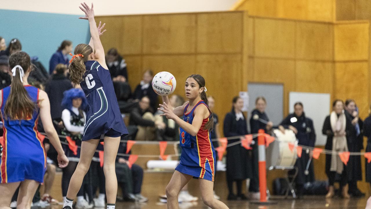 Sophia Hooper of Downlands Junior B against St Ursula's Junior B in Merici-Chevalier Cup netball at Salo Centre, Friday, July 19, 2024. Picture: Kevin Farmer