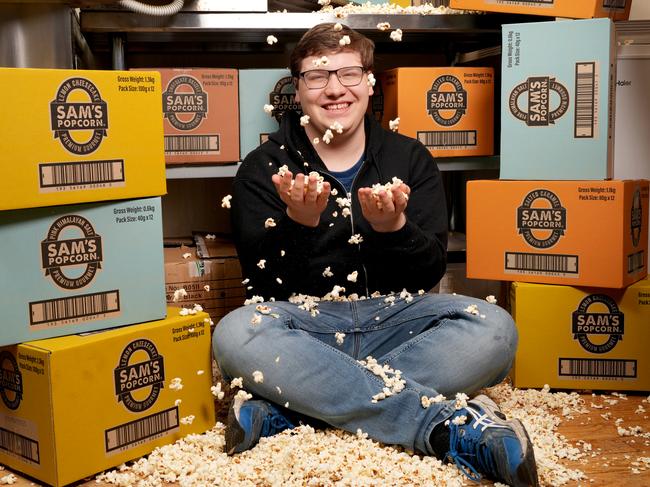 At 9 years old, Sam Weavers started his own popcorn business, Sam's Popcorn. Now at 17, his business has gone from strength to strength with his popcorn stocked in stores across SA. Sam has also raised thousands for cancer research. 16 November 2024. Picture Dean Martin