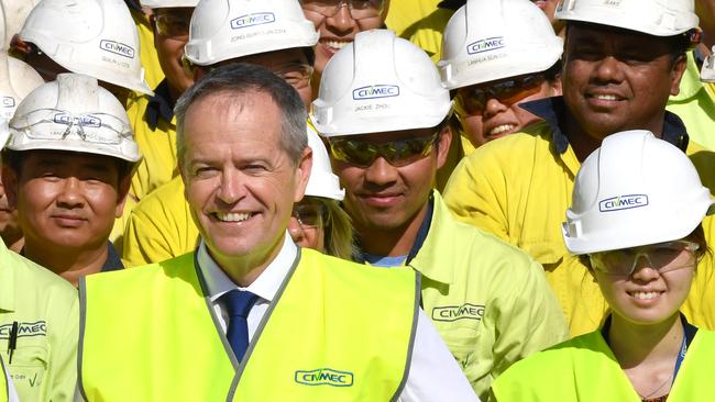 Bill Shorten at Civmec Construction and Engineering during a day of campaigning in Perth yesterday that included unveiling his solar panels for schools policy and explaining his emissions-reduction plan costings with an analogy about fat people eating hamburgers. Picture: AAP