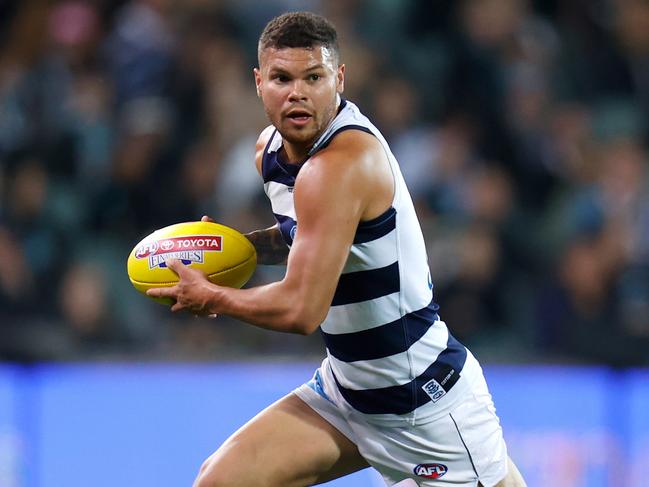 ADELAIDE, AUSTRALIA - OCTOBER 01: Brandan Parfitt of the Cats in action during the 2020 AFL First Qualifying Final match between the Port Adelaide Power and the Geelong Cats at Adelaide Oval on October 01, 2020 in Adelaide, Australia. (Photo by Michael Willson/AFL Photos via Getty Images)