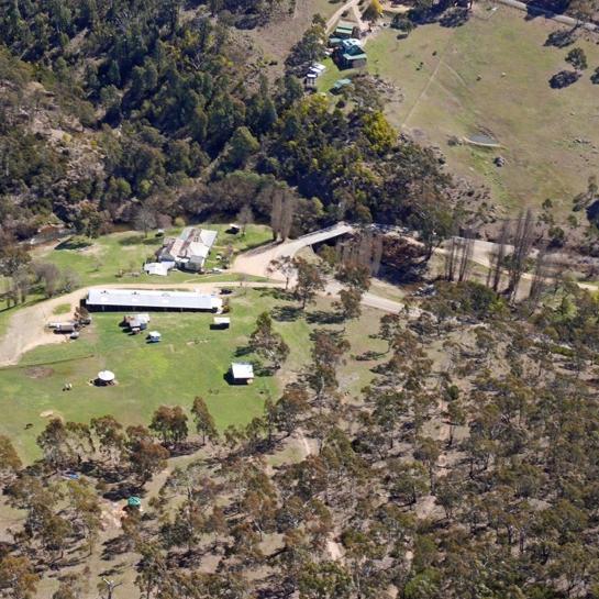 An aerial view of the Cobungra River bridge and Blue Duck Inn at Anglers Rest in East Gippsland.