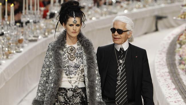 Stella Tennant with the late Karl Lagerfeld. Picture: AP/Remy de la Mauviniere