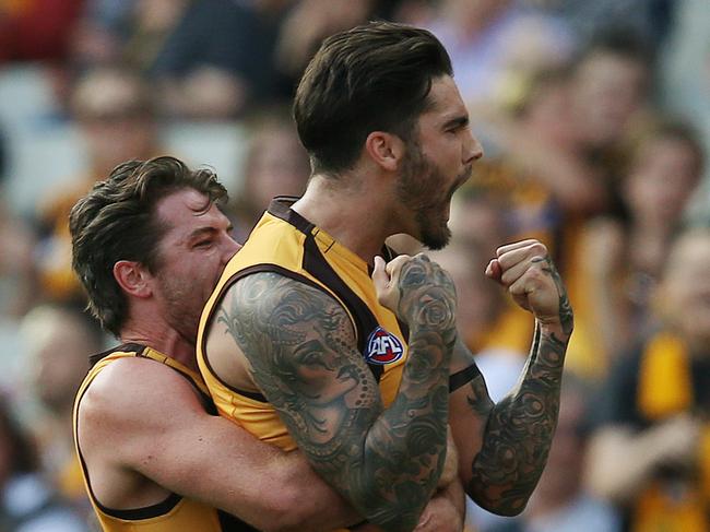 AFL. Round 3. 07/04/2019.  Hawthorn v North Melbourne at the MCG.  Hawthorns Chad Wingard celebrates a goal in the 2nd quarter    . Pic: Michael Klein.