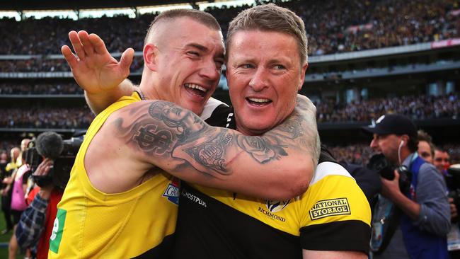 Damien Hardwick and Dustin Martin celebrate after the Grand Final. Picture: Phil Hillyard