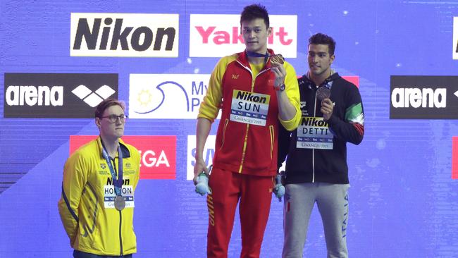 Mack Horton refuses to climb the podium after finishing second to China’s Sun Yang in South Korea. Picture: AP