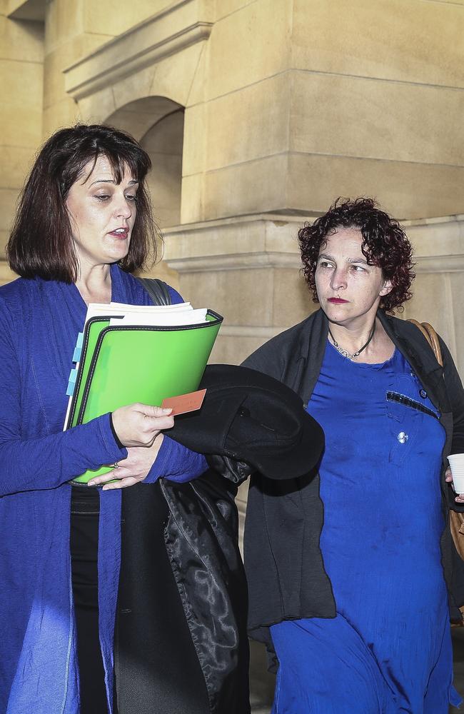 Lara Hildebrand (right) leaves the District Court after giving her victim impact statement.