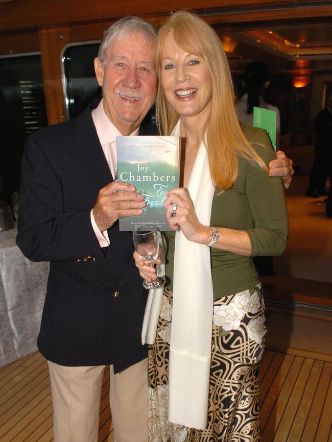 Joy Chambers (R) and her husband Reg Grundy at the launch at the launch of her book 'For Freedom' on the MV Boadicea, Garden Island, Sydney.