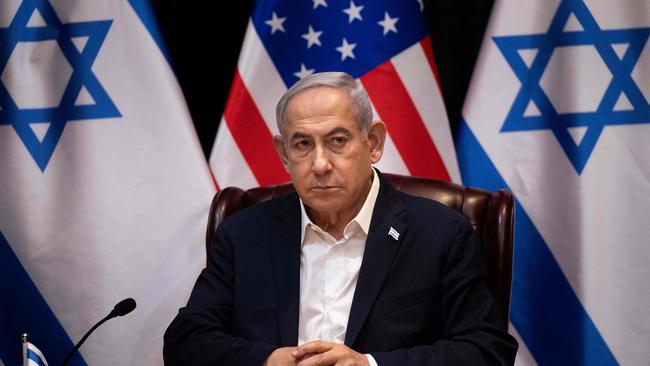 Israel's Prime Minister Benjamin Netanyahu waits for the start of the Israeli war cabinet meeting also attended by the visiting US President, in Tel Aviv on October 18, 2023. Picture: Brendan Smialowski / AFP