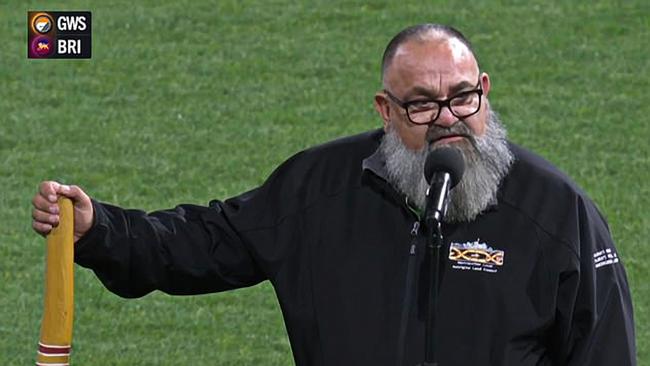 Brendan Kerin gave a brilliantly welcoming and informative speech prior to the GWS Giants and Brisbane Lions game at Sydney Olympic Park. Picture: Fox Sports