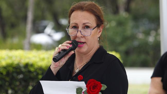 Hearts of Purple CEO Michelle Beattie speaks at the Red Rose Rally for Wendy Sleeman. Picture: Tertius Pickard