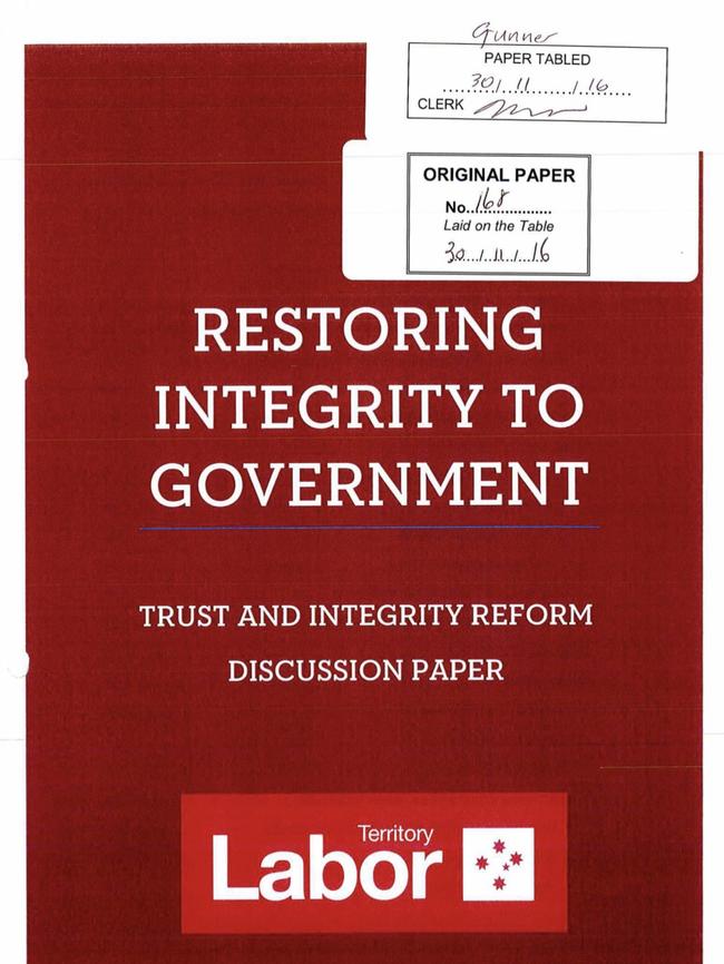 The 36-page Restoring Integrity To Government document signed by Chief Minister Michael Gunner in November 2016.