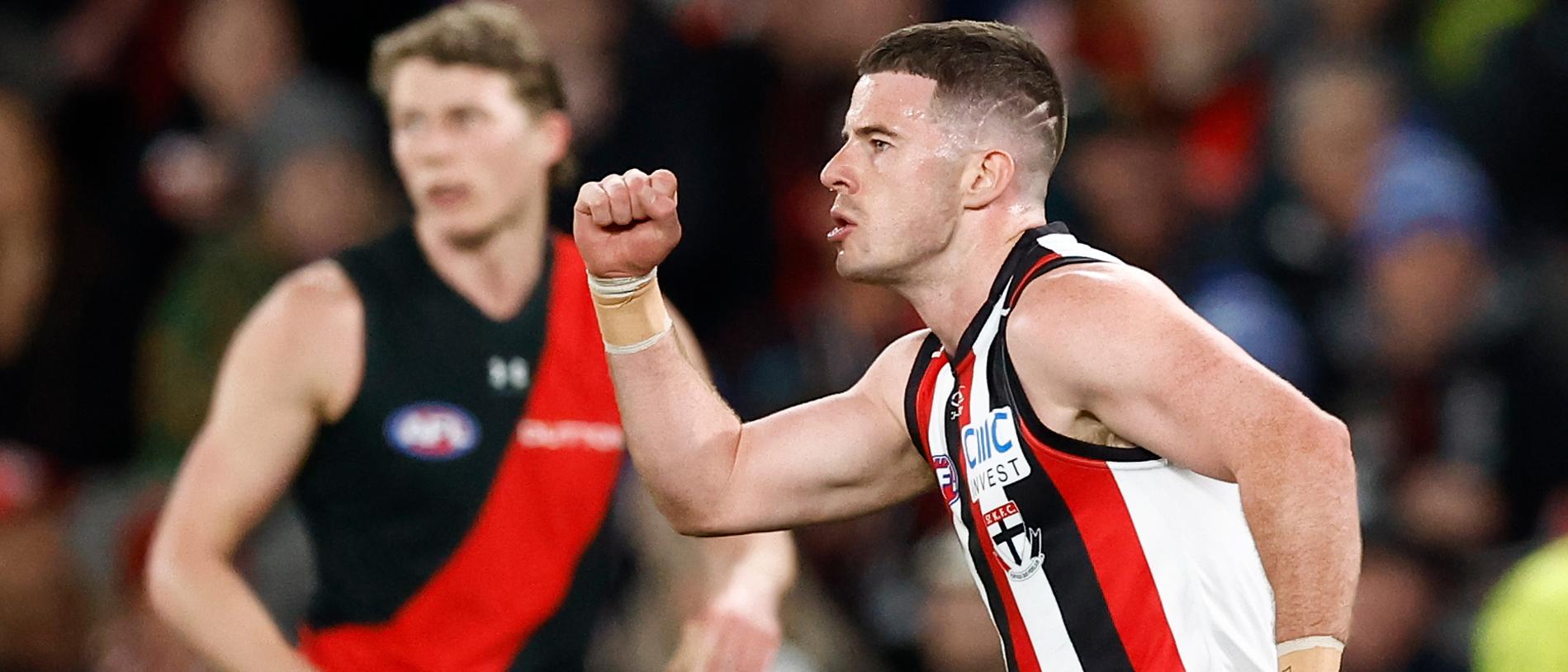 MELBOURNE, AUSTRALIA - JULY 27: Jack Higgins of the Saints celebrates a goal during the 2024 AFL Round 20 match between the St Kilda Saints and the Essendon Bombers at Marvel Stadium on July 27, 2024 in Melbourne, Australia. (Photo by Michael Willson/AFL Photos via Getty Images)