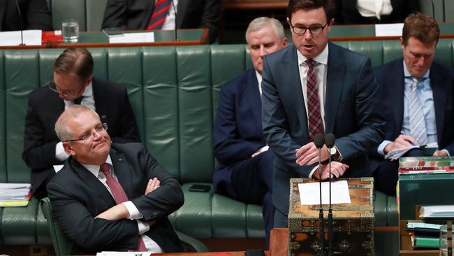 The Prime Minister watches on as David Littleproud answers a question. Picture: Gary Ramage