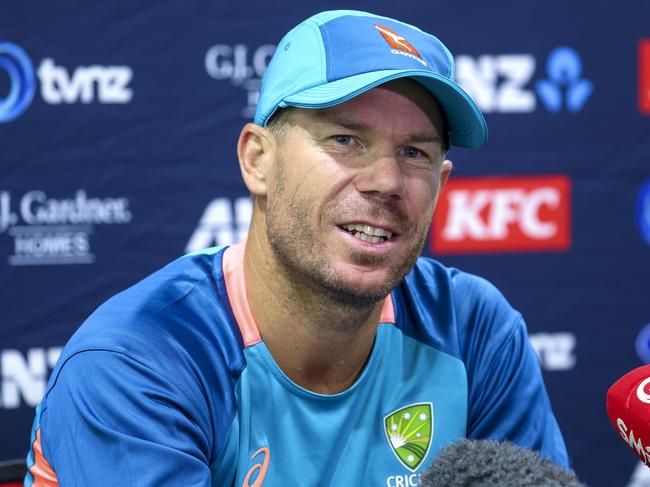 WELLINGTON, NEW ZEALAND - FEBRUARY 19: David Warner of Australia speaks to media during an Australia training session ahead of the Men's T20 International series between New Zealand and Australia at Basin Reserve on February 19, 2024 in Wellington, New Zealand. (Photo by Hagen Hopkins/Getty Images)