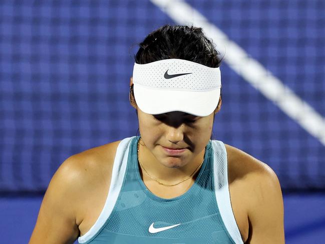 DUBAI, UNITED ARAB EMIRATES - FEBRUARY 18: Emma Raducanu of Great Britain reacts while playing against Karolina Muchova of the Czech Republic in their second round match during day three of the Dubai Duty Free Tennis Championships, part of the Hologic WTA Tour at Dubai Duty Free Tennis Stadium on February 18, 2025 in Dubai, United Arab Emirates. (Photo by Christopher Pike/Getty Images)