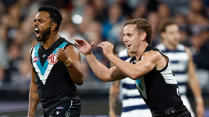 GEELONG, AUSTRALIA - MAY 10: Willie Rioli (left) and Jackson Mead of the Power celebrates during the 2024 AFL Round 09 match between the Geelong Cats and Port Adelaide Power at GMHBA Stadium on May 10, 2024 in Geelong, Australia. (Photo by Michael Willson/AFL Photos via Getty Images)