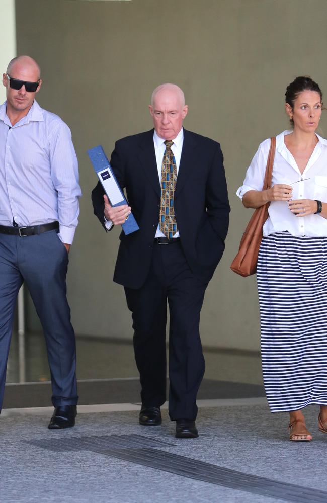 Gordon Nuttall leaves court with his children Andrew and Lis in 2017.