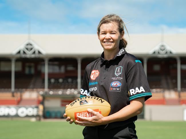 Port Adelaide's inaugural AFLW list manager, Naomi Maidment pictured at the club’s Alberton headquarters. Picture: Matthew Sampson, Port Adelaide Football Club.