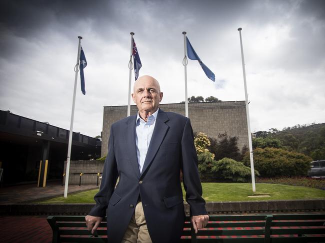 Clarence mayor Doug Chipman in front of the flagpoles outside the council's chambers. Picture: Luke Bowden