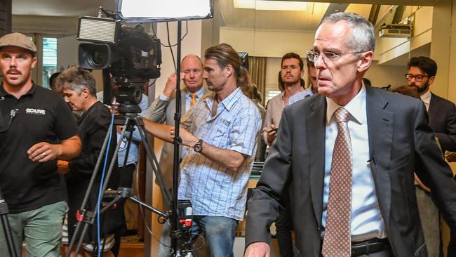 ACCC Chair Rod Sims arrives to speak to the media about the release of the preliminary report of the Digital Platforms Inquiry into Google, Facebook and Australian media. Picture: AAP