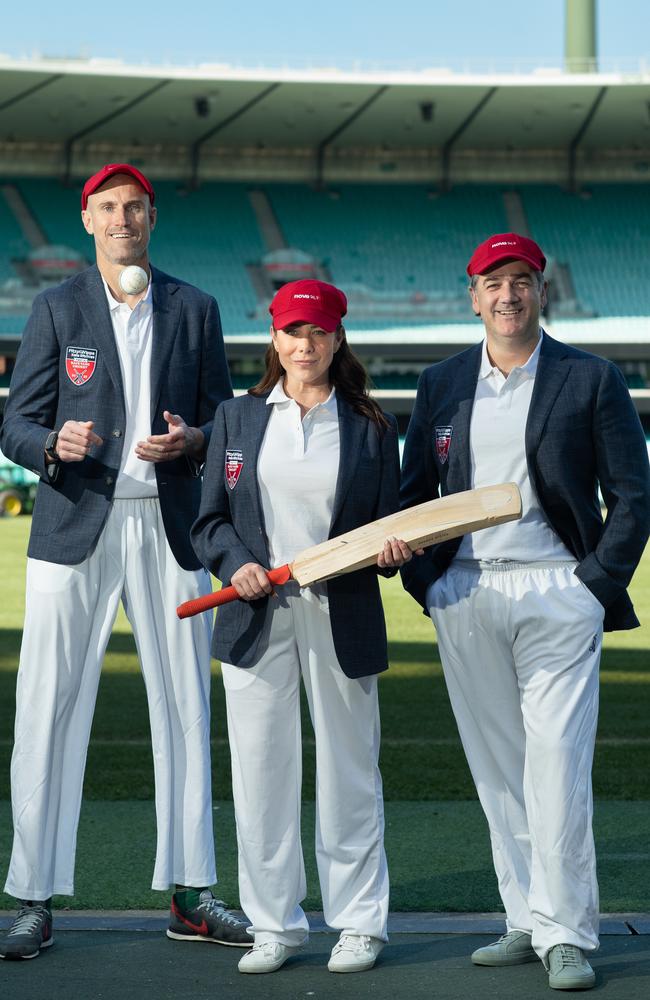 Ryan ‘Fitzy’ Fitzgerald, Kate Ritchie and Michael ’Wippa’ Wipfli, and Kate Ritchie are set to host their annual Fitzy &amp; Wippa’s First X1 Backyard Cricket charity event. Picture: Julian Andrews