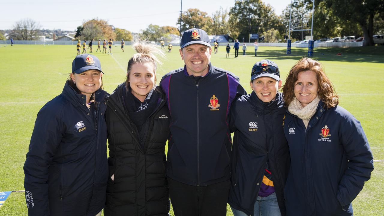 The Glennie School sport staff (from left) Shayne Hayes, Abbie Prendergast, Josh Cohen, Lisa Markey and Sue Watts. The Glennie School rugby 7s side claimed the Selena Worsley Shield on Grammar Downlands Day at Toowoomba Grammar School, Saturday, August 19, 2023. Picture: Kevin Farmer