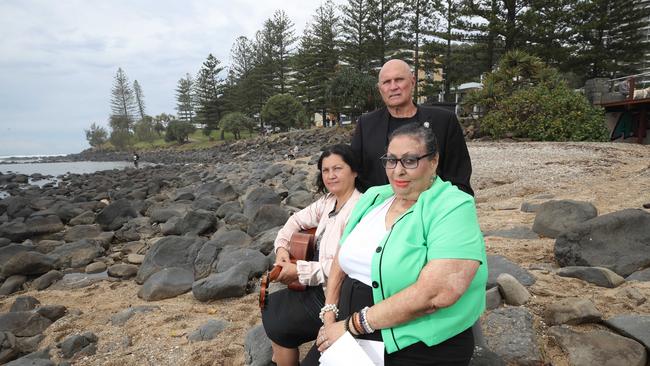 Elders from the Kombumerri tribe in front of Burleigh Hill,concerned Light rail construction willl wake the sleeping god. Matriach Cherie Dillon (front) with Patricia Cruzado(left0 and Billy James (right). Picture Glenn Hampson