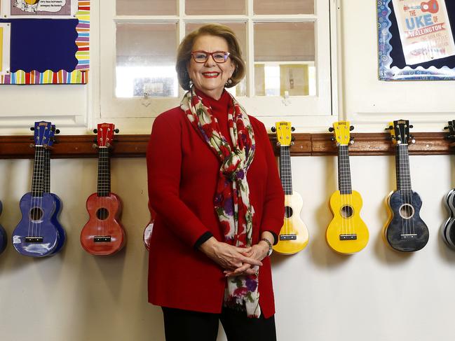 Famous Australian soprano  Yvonne Kenny in the music room of  her old school , Northbridge Public, on a visit to meet the students and listen to the choir. Picture: John Appleyard