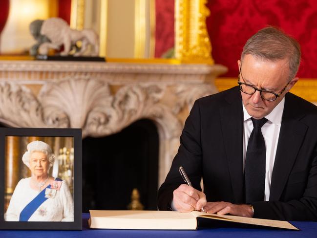 Prime Minister of Australia, Anthony Albanese, signs a book of condolence at Lancaster House. Picture: Getty Images