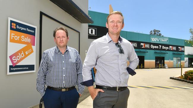 Michael Hooper and Neville Smith from Burgess Rawson at the building housing Pet HQ and Greencross Vets at 251 Ross River Rd has sold to a southern buyer for $5.4m.Picture: Evan Morgan