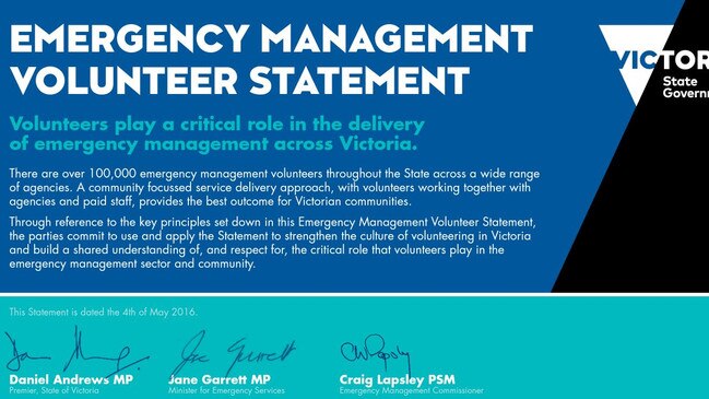 Emergency Management Volunteers Statement signed by Premier Daniel Andrews on May 4, 2016