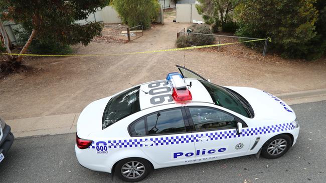 The scene in December 2019, after the body of Oliver Todd was found – police searched for evidence at Tennyson Tce, Murray Bridge where the dead man had lived. Picture: Tait Schmaal