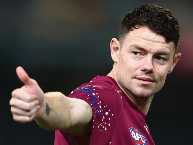 BRISBANE, AUSTRALIA - AUGUST 24: Lachie Neale of the Lions warms up during the round 24 AFL match between Brisbane Lions and Essendon Bombers at The Gabba, on August 24, 2024, in Brisbane, Australia. (Photo by Chris Hyde/AFL Photos/via Getty Images)