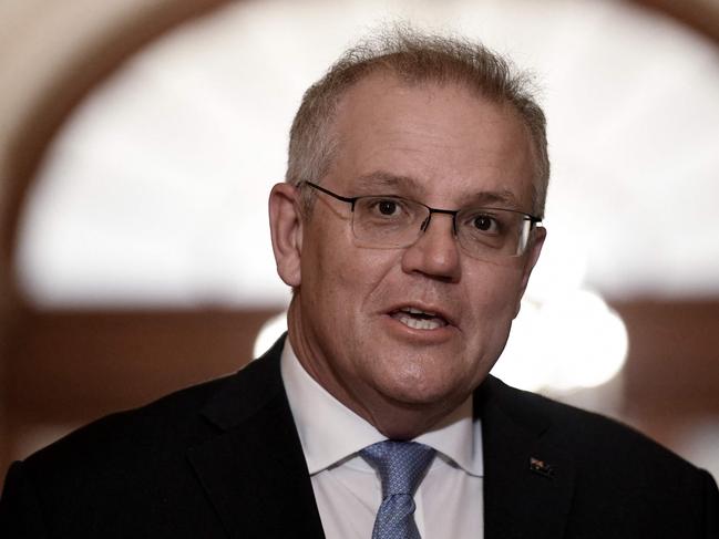 Morrison speaks during a meeting with US Speaker of the House Nancy Pelosi on September 22, 2021. Picture: AFP