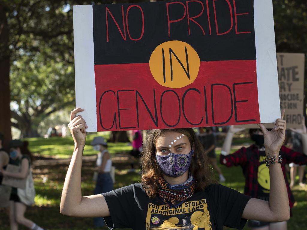 Protesters in the Domain participate in the Invasion Day rally. Picture: Brook Mitchell/Getty Images