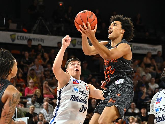 Alex Higgins-Titsha of the Taipans goes to the basket during the round 17 NBL match between Cairns Taipans and Adelaide 36ers at Cairns Convention Centre, on January 19, 2025, in Cairns, Australia. (Photo by Emily Barker/Getty Images)