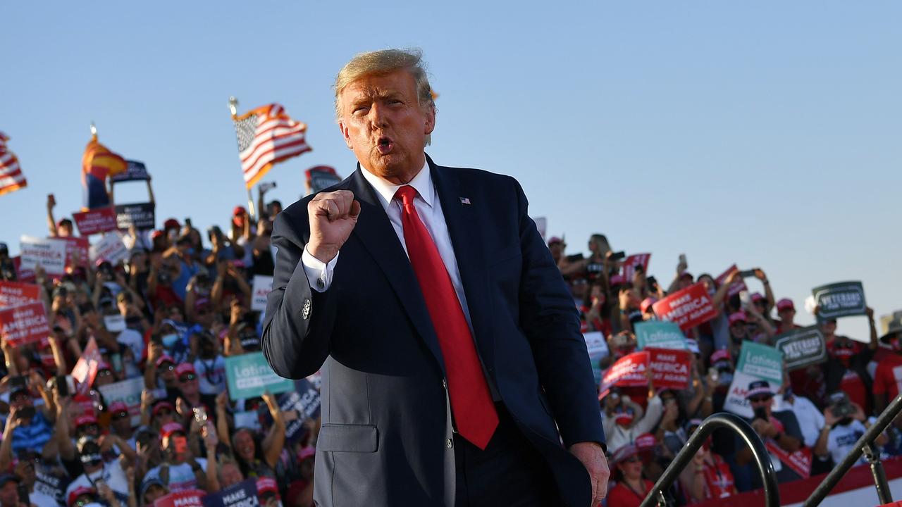 US President Donald Trump gestures at the end of a rally at Tucson International Airport in Tucson, Arizona on October 19, 2020. Picture: Mandel Ngan / AFP