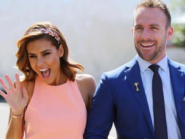 Lauren Phillips and Lachlan Spark at the 2015 Melbourne Cup. Picture: Alex Coppel