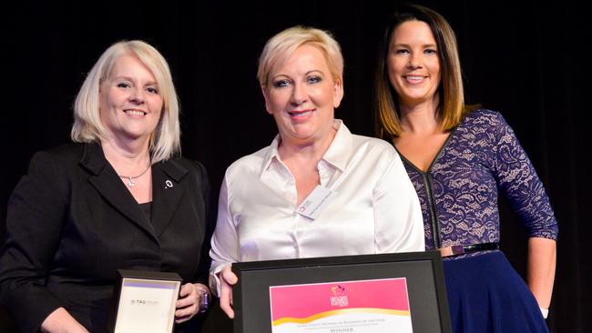 Gold Coast Woman in Business of the Year Deb Farnworth-Wood with MP Karen Andrews and Caralee Caldwell. Photo: John Pryke