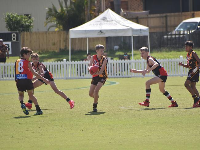 Riley Marshall in the North Mackay Saints v Mackay Swarks u14 AFL grand final at Magpies Sporting Club, Mackay, September 11, 2021. Picture: Matthew Forrest
