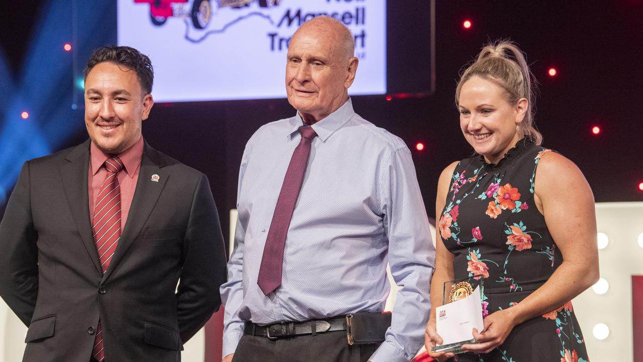 James O'Shea and Neil Mansell present Jackie Gallagher with the Coach of the Year (Pat O'Shea Memorial Trophy). Sports Darling Downs Sports Stars of the Year dinner. Saturday, February 11, 2023. Picture: Nev Madsen.