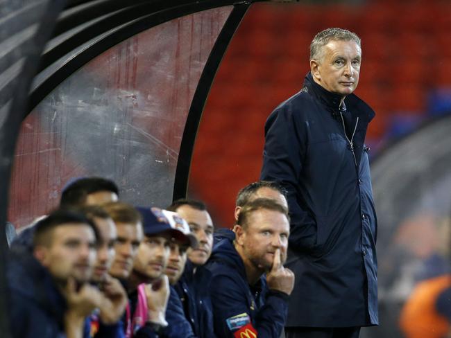 Jets coach Ernie Merrick watches the match during the Round 22 A League match between the Newcastle Jets and the Central Coast Mariners at McDonald Jones Stadium in Newcastle, Saturday, March 16, 2019. (AAP Image/Darren Pateman) NO ARCHIVING, EDITORIAL USE ONLY