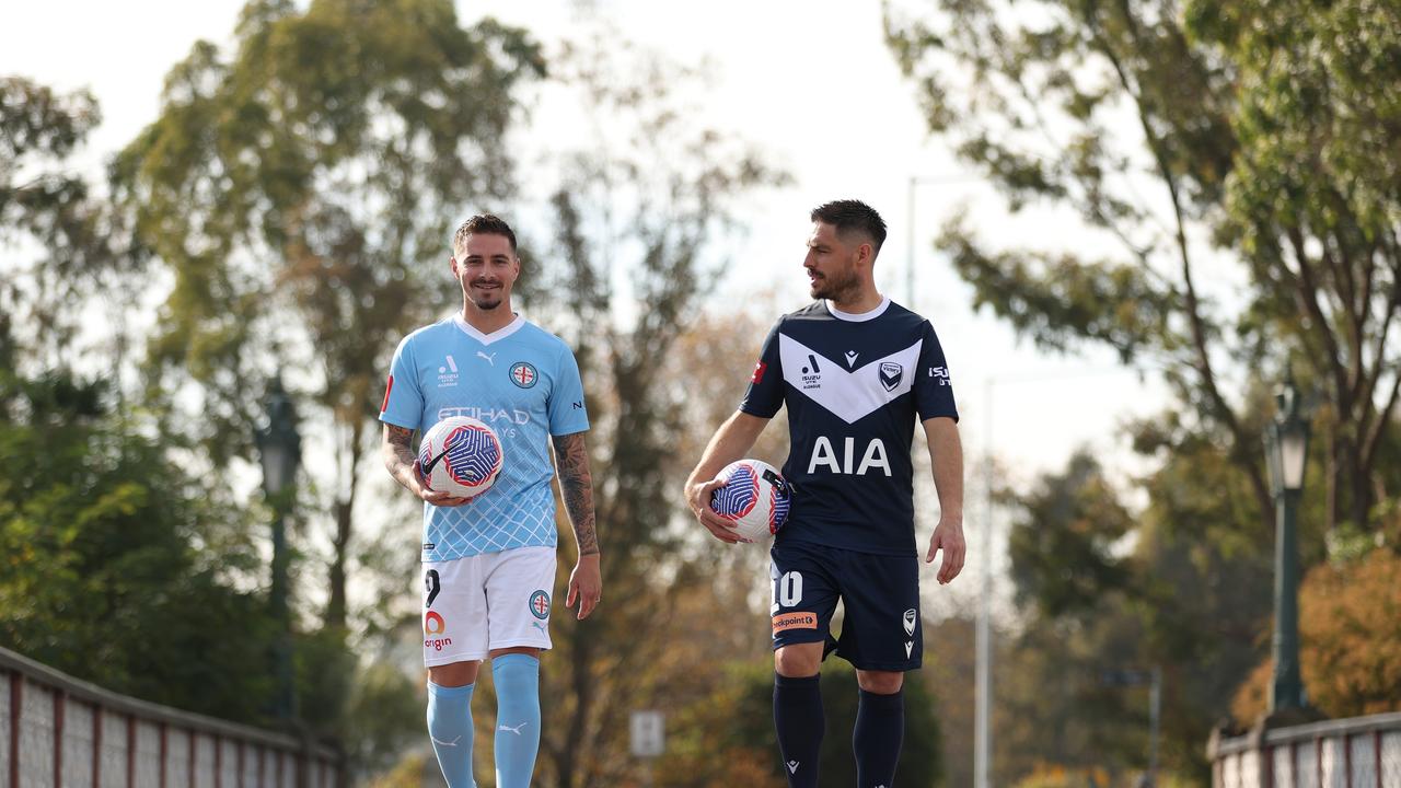 City striker Jamie Maclaren (left and Victory marksman Bruno Fornaroli are ready for Sunday’s do-or-die Melboure derby. Picture: Robert Cianflone/Getty Images