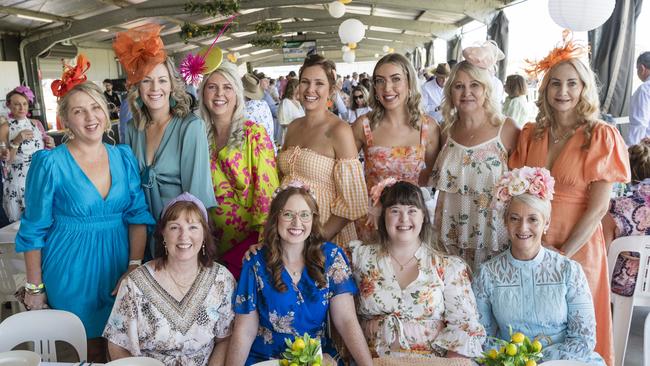 At Warwick Cup race day are (front, from left) Leisa Bray, Sarah Bray, Bella Clegg, Michelle Spence and (back, from left) Alana Wilkinson, Alex Beer, Fiona Clegg, Biankka Clarke, Georgia Clegg, Louise Cartwright and Tabitha McDonnell celebrating Fiona's birthday at Allman Park Racecourse, Saturday, October 14, 2023. Picture: Kevin Farmer