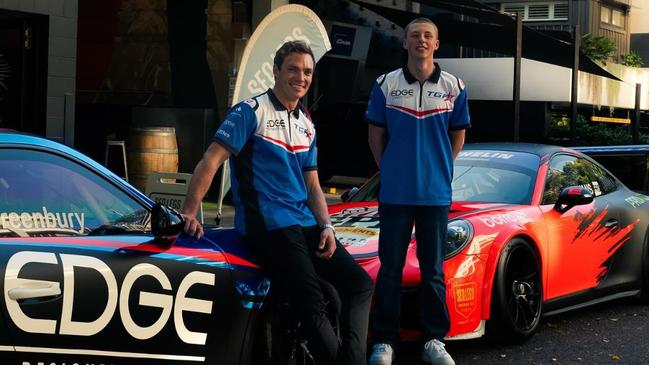 Lincoln Evans, right, with Tyler Greenbury and the Porsche he raced at Phillip Island. Pictures: Tyler Greenbury Racing