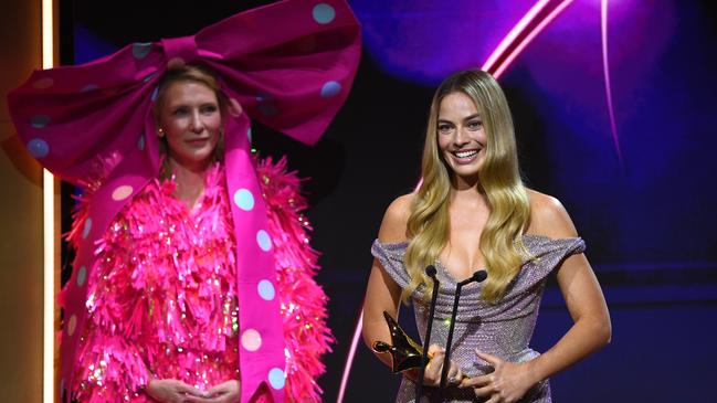 Margot Robbie accepts the AACTA Trailblazer Award from Cate Blanchett during the 2024 AACTA Awards. Picture: Jono Searle/Getty Images