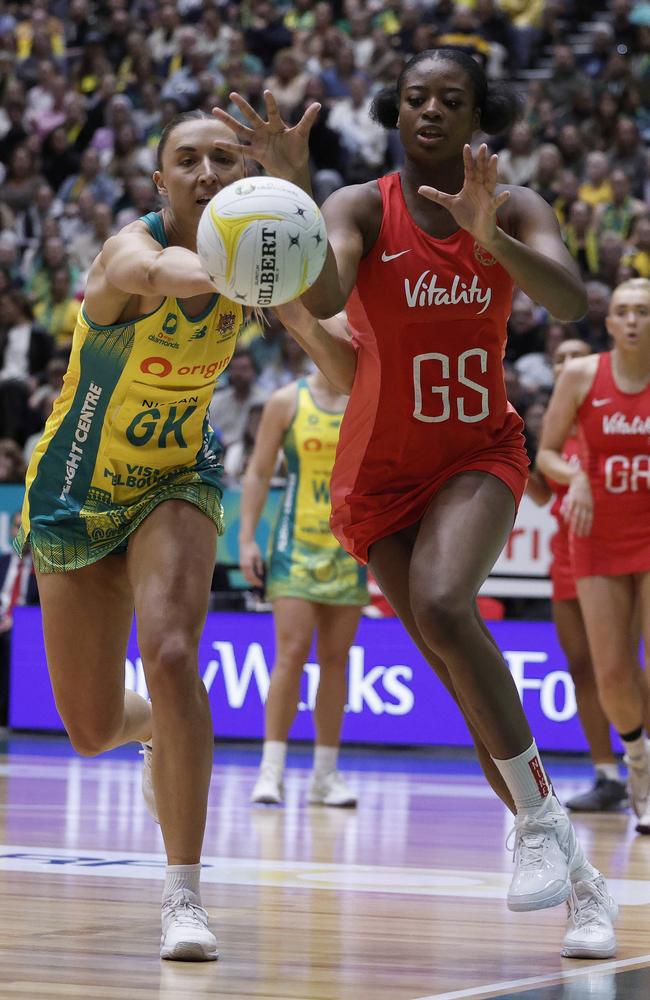 Australia’s Sarah Klau and England’s Liv Tchine contest the ball. Picture: Getty Images