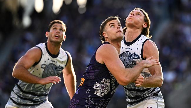 Sean Darcy rucking against the Cats. Picture: Daniel Carson/AFL Photos via Getty Images