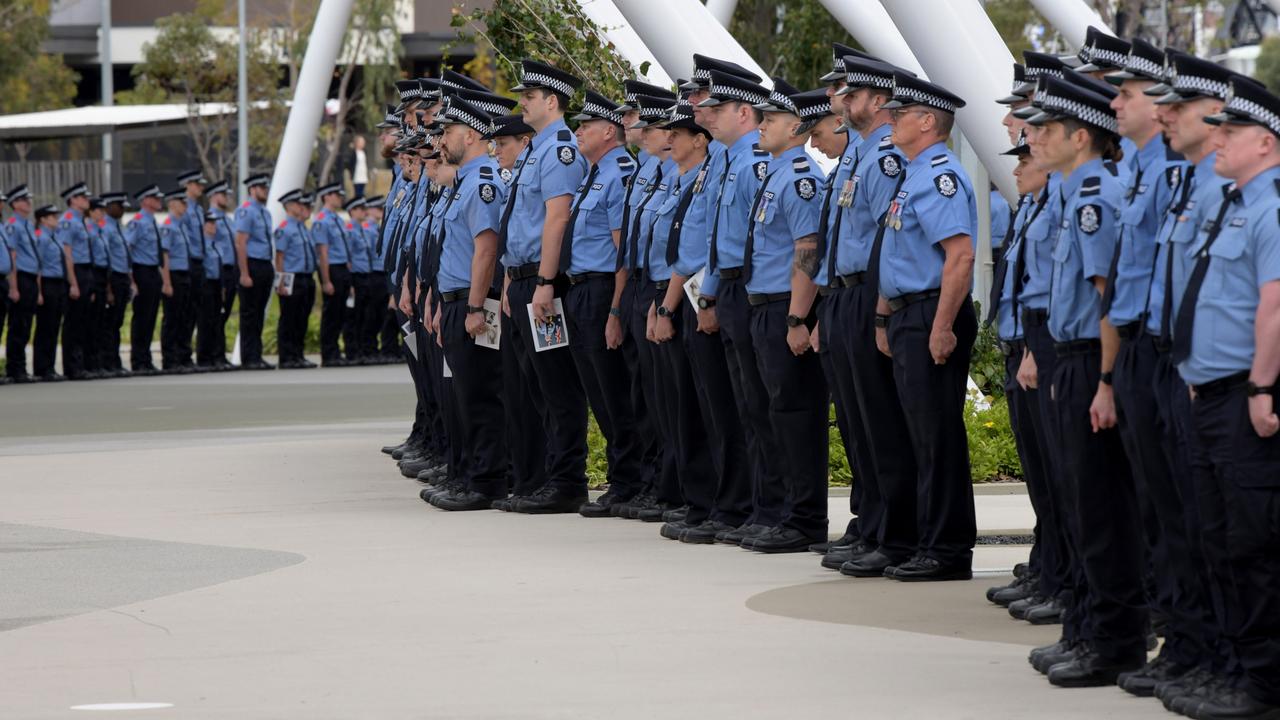 Hundreds of police officers formed an honour guard outside the stadium to farewell Constable Woods. Picture: NCA NewsWire / Sharon Smith